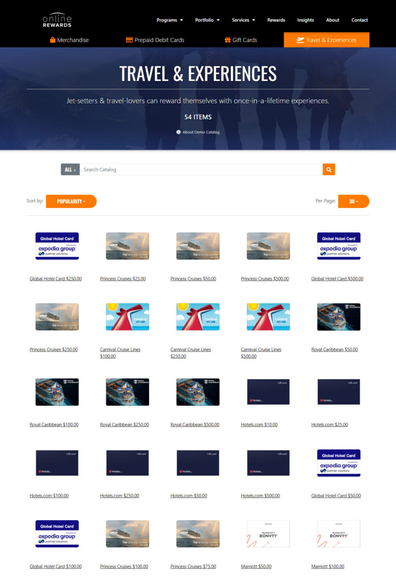Global Rewards Catalog Demo - Travel & Experiences